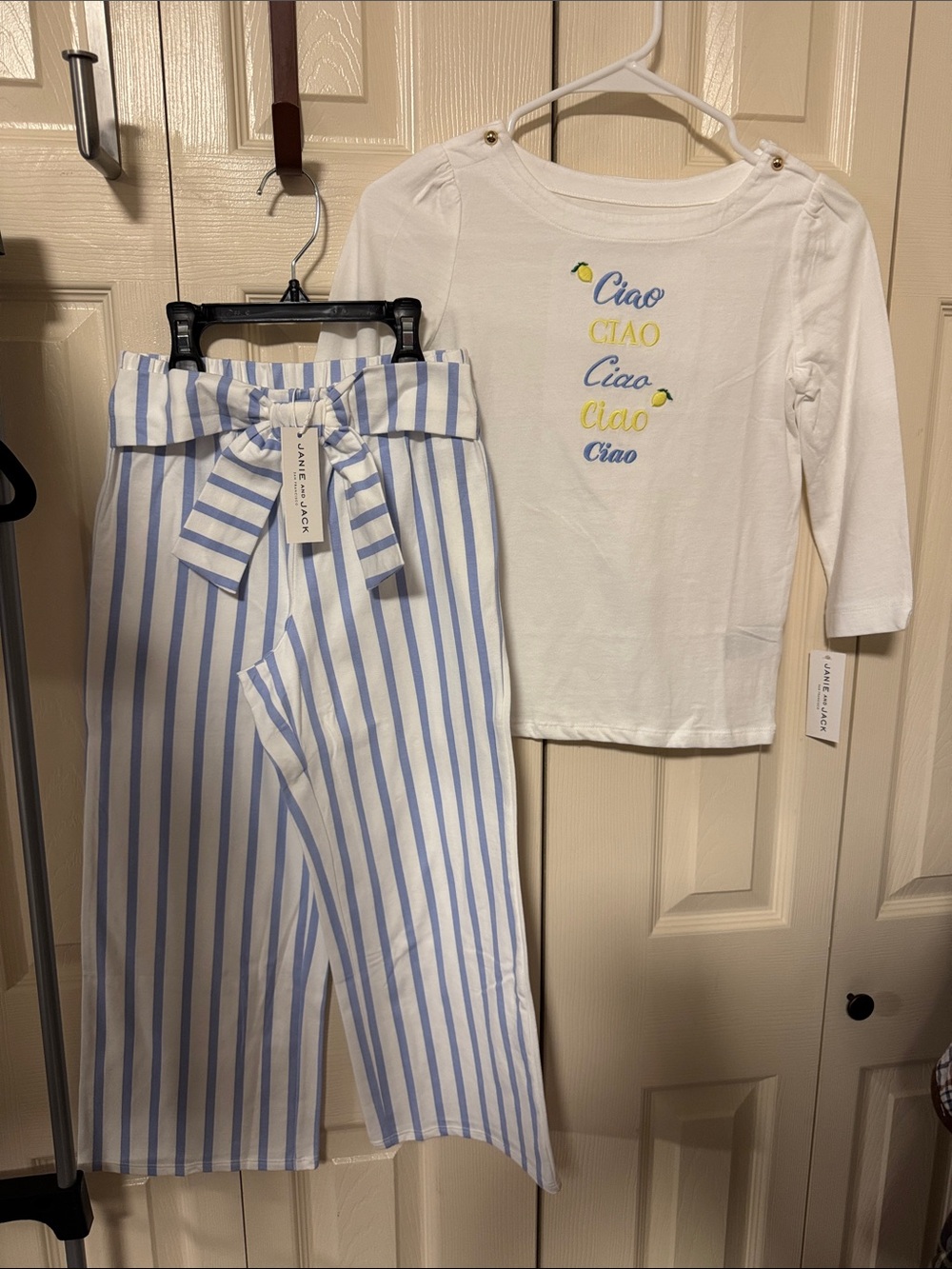 Janie and Jack Girls' White Ciao Top & Blue Stripe Tie-Waist Pants Set size 10